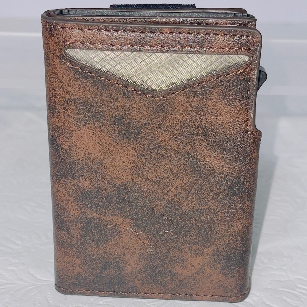 Mens Pop Up AirTag Wallet OS Brown Distressed RFID Trifold Slim